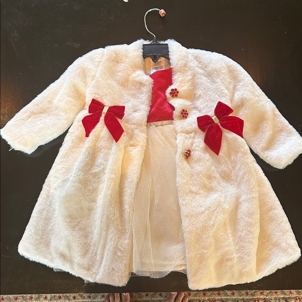 White Faux Fur Coat & Dress with Red Accents